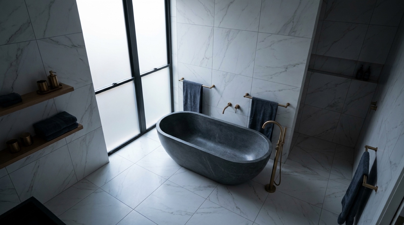 A stone bath in a marble-tiled bathroom in soft evening light