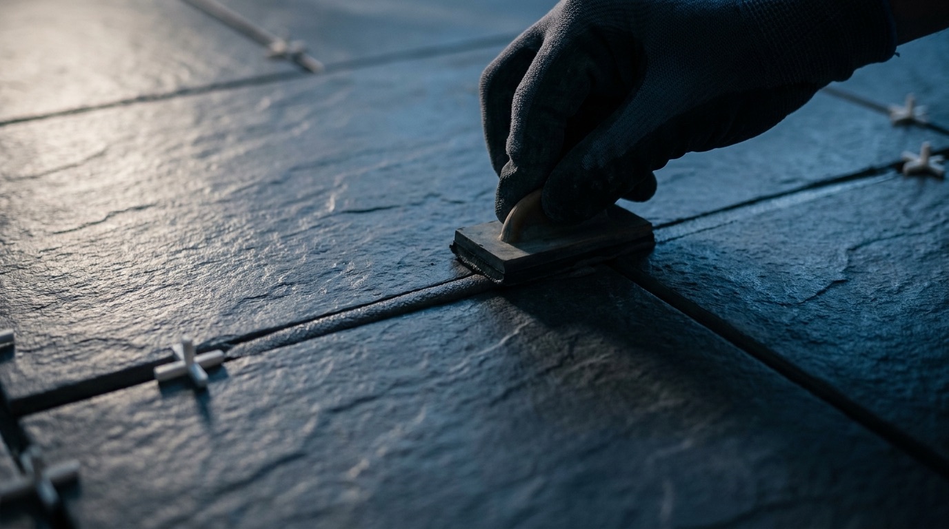 A close-up of dark tiles being grouted with precision