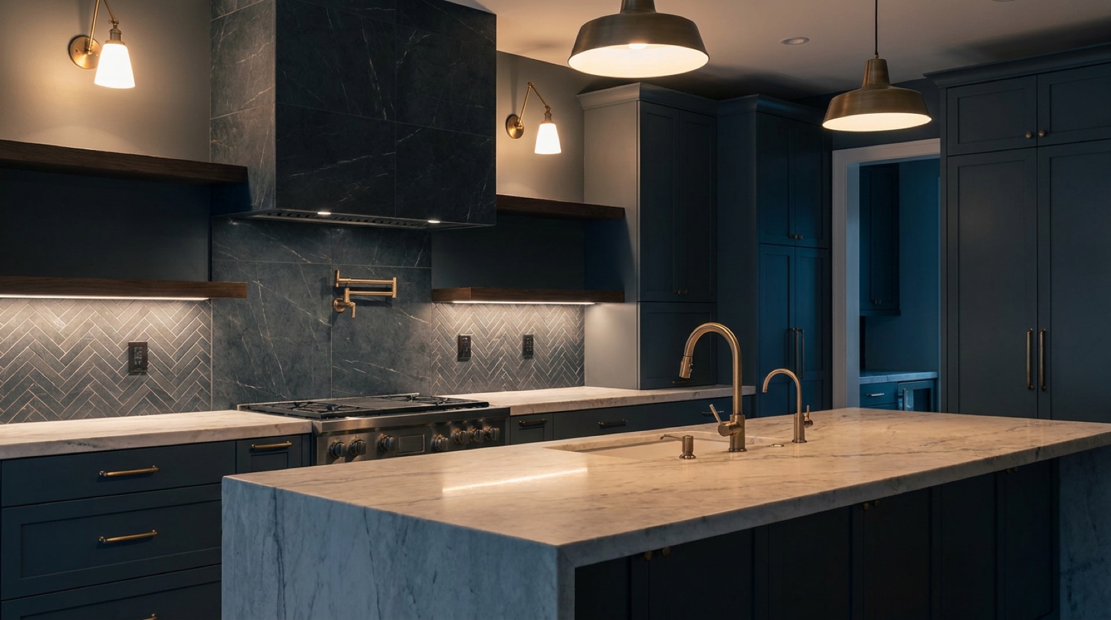 A moody kitchen with tiled splashback under warm pendant lighting