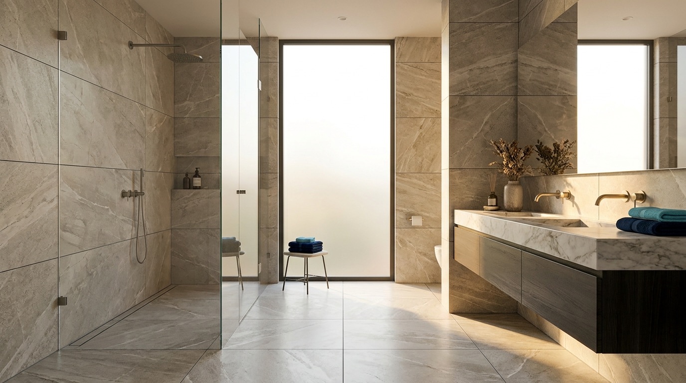 A light stone-tiled bathroom interior