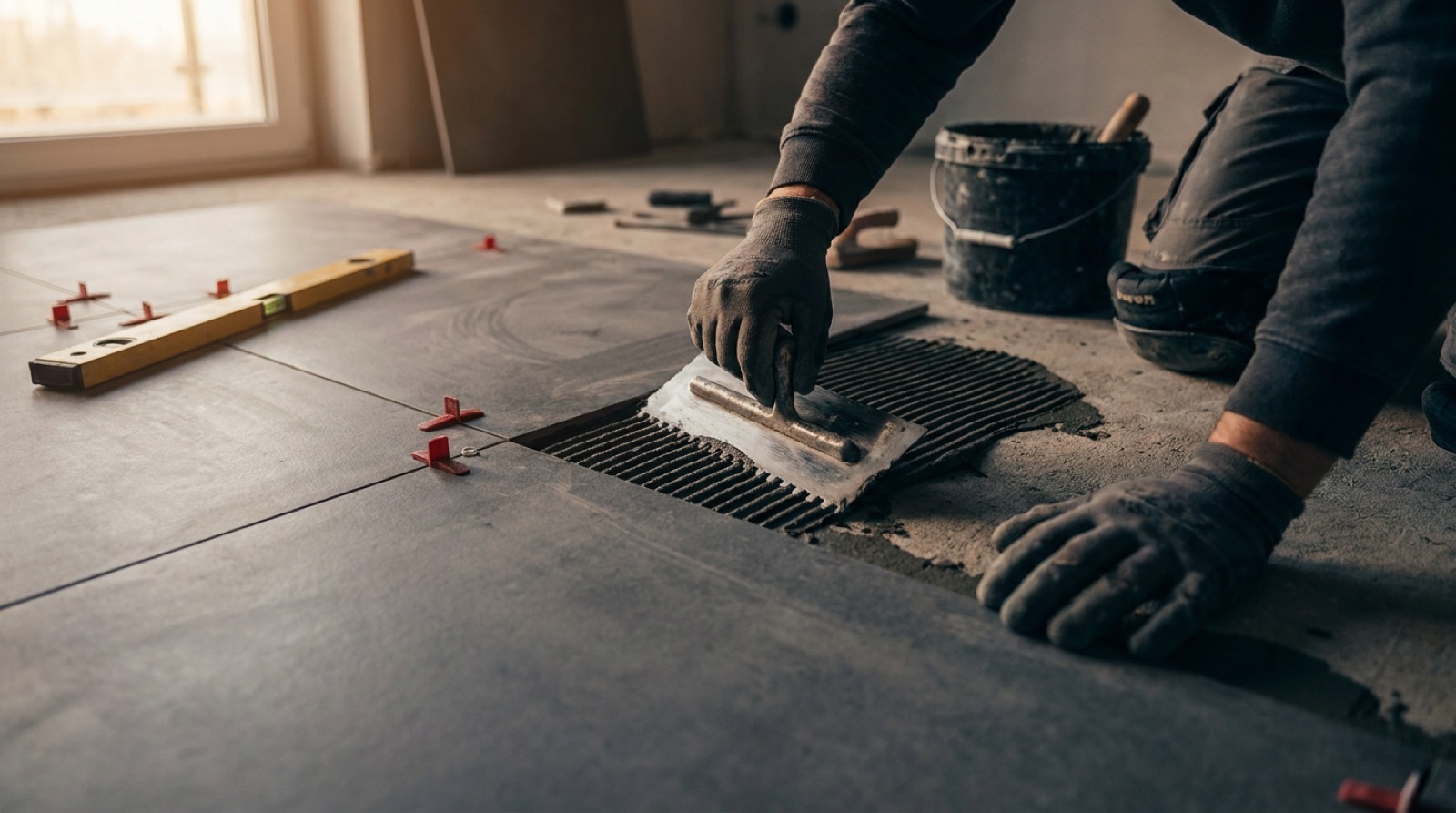 A tiler spreading adhesive while laying large-format floor tiles